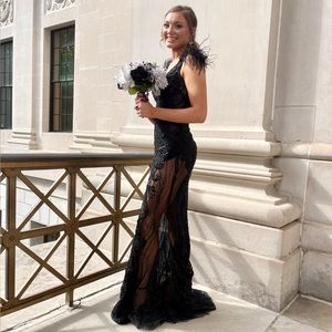 It’s a black prom dress with feathers.